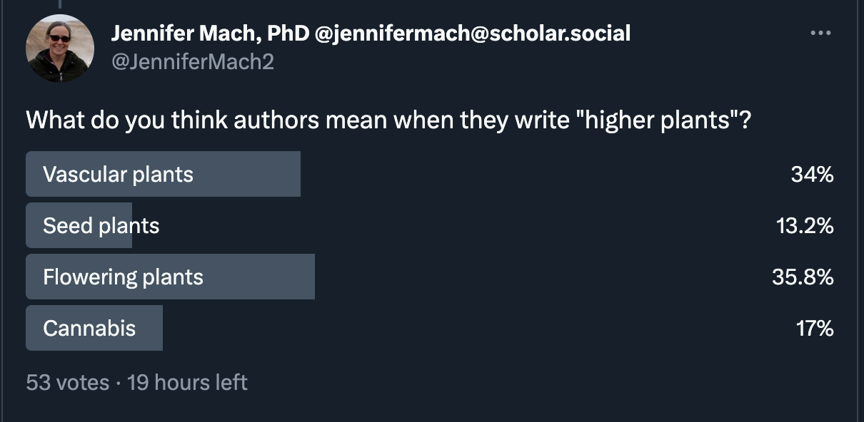 A Twitter poll asking "What do you think authors mean when they write 'higher plants'" with most respondents choosing vascular plants or angiosperms